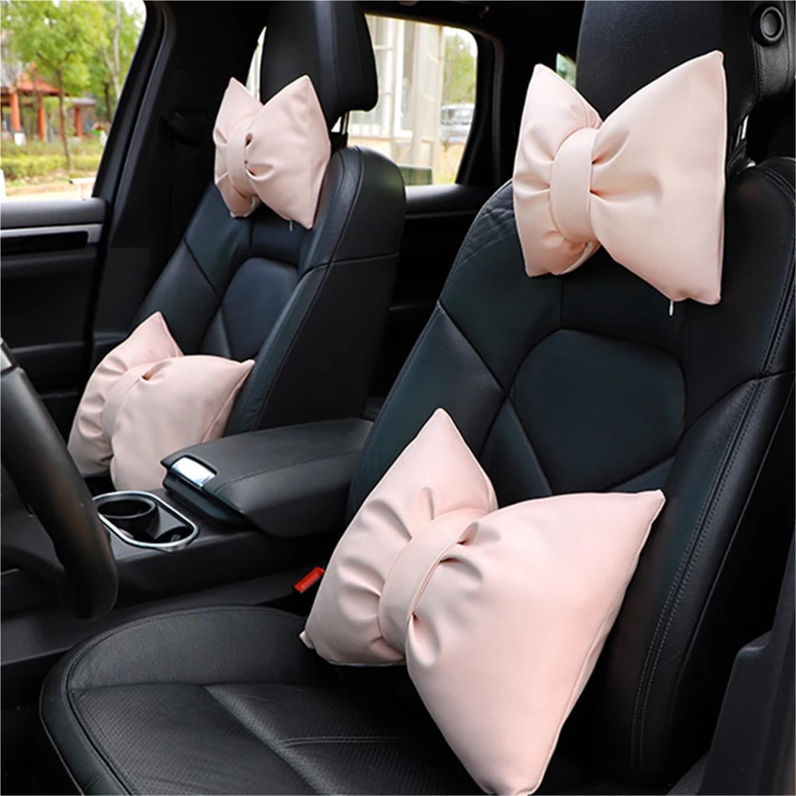 Car Pillow Driving Seat Cuscino poggiatesta in pelle per auto, cuscino per la vita, grazioso cuscino per lo schienale con fiocco, comodo cuscino per il collo(E)