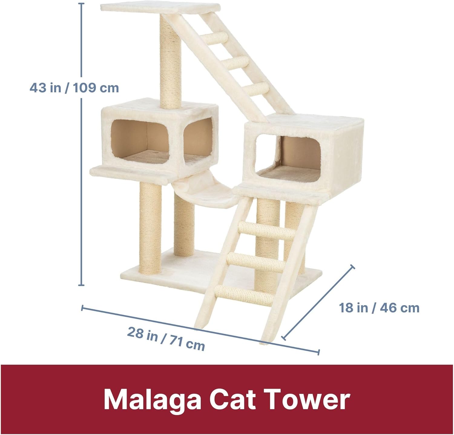 TRIXIE Malaga Cat Tower – Cat Tree with Extra-Thick Sisal Posts, Caves, Platforms & Hammock – Durable Cat Furniture for Indoor Cats – Beige, 18" x 28" x 43"