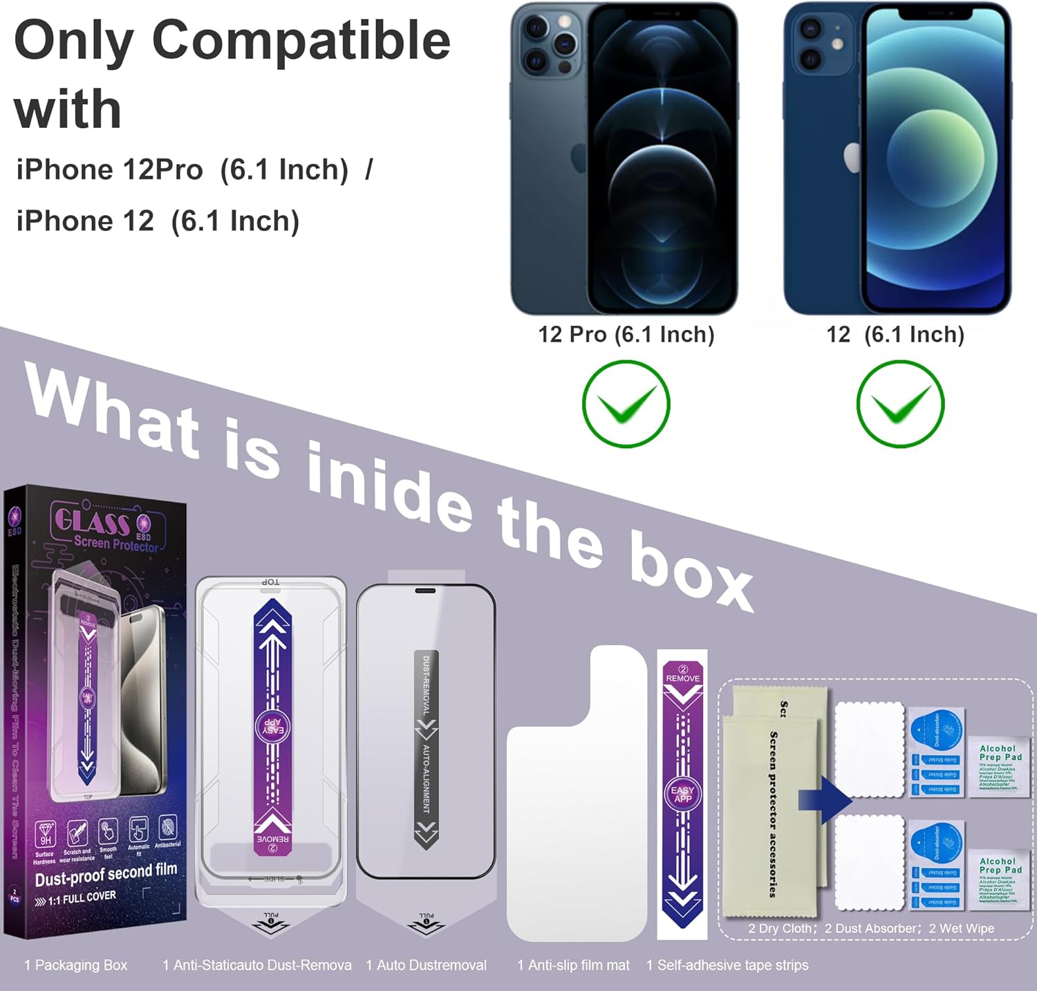 2-Pack Screen Protector Tempered Glass for iPhone 12 and iPhone 12 Pro 6.1-Inch, Auto Dust Removal, No Bubbles, High Definition Clear, Easy Installation