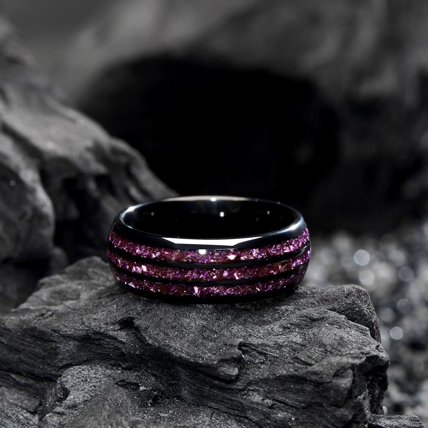 8MM Tungsten Men's Wedding Ring with Amethyst Stone, Black Dome Matte Finish, Sizes 7-14, Comes with Gift Box - Image 4