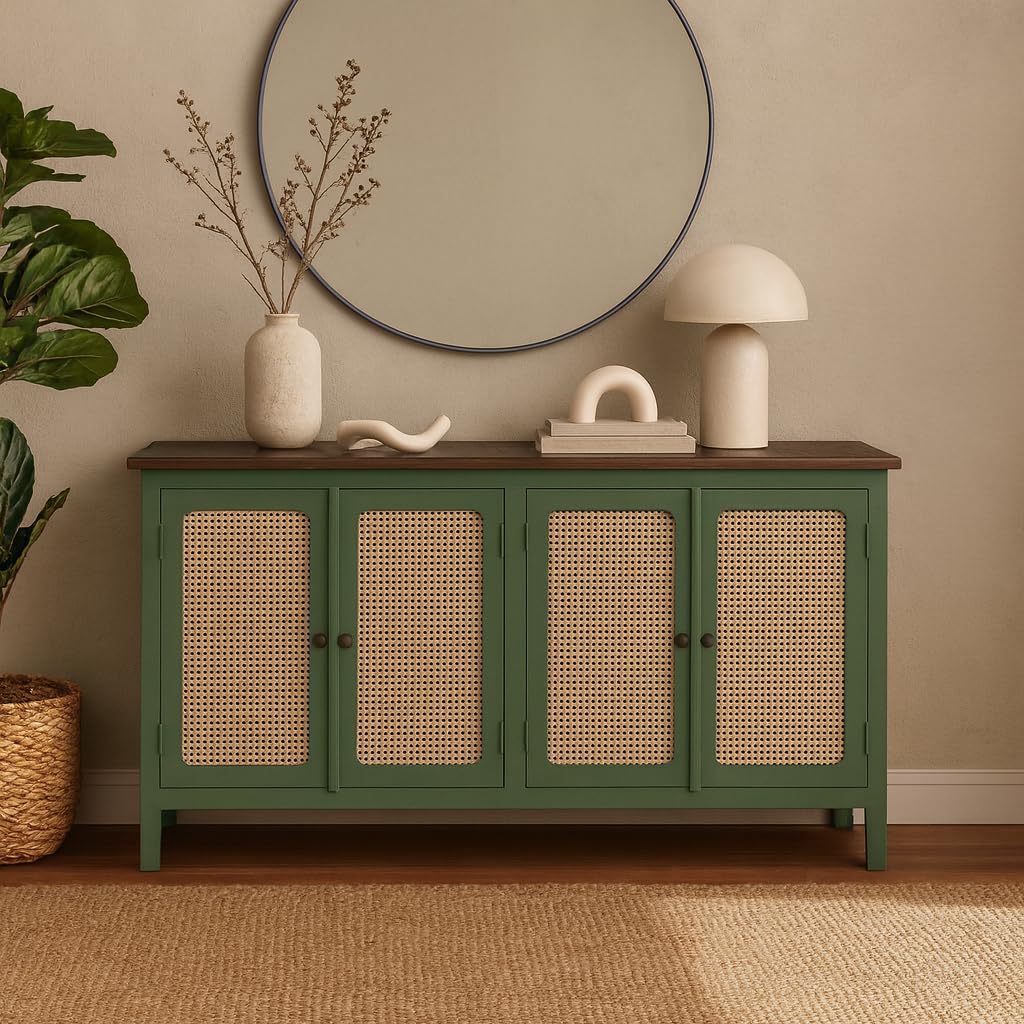 Kraft Bazaar Madrid 4-Door Cane Sideboard Solid Wood Cabinet in Olive Green & Off-White with Scratch-Resistant Top | Ideal for Crockery & Kitchen Storage-image-24