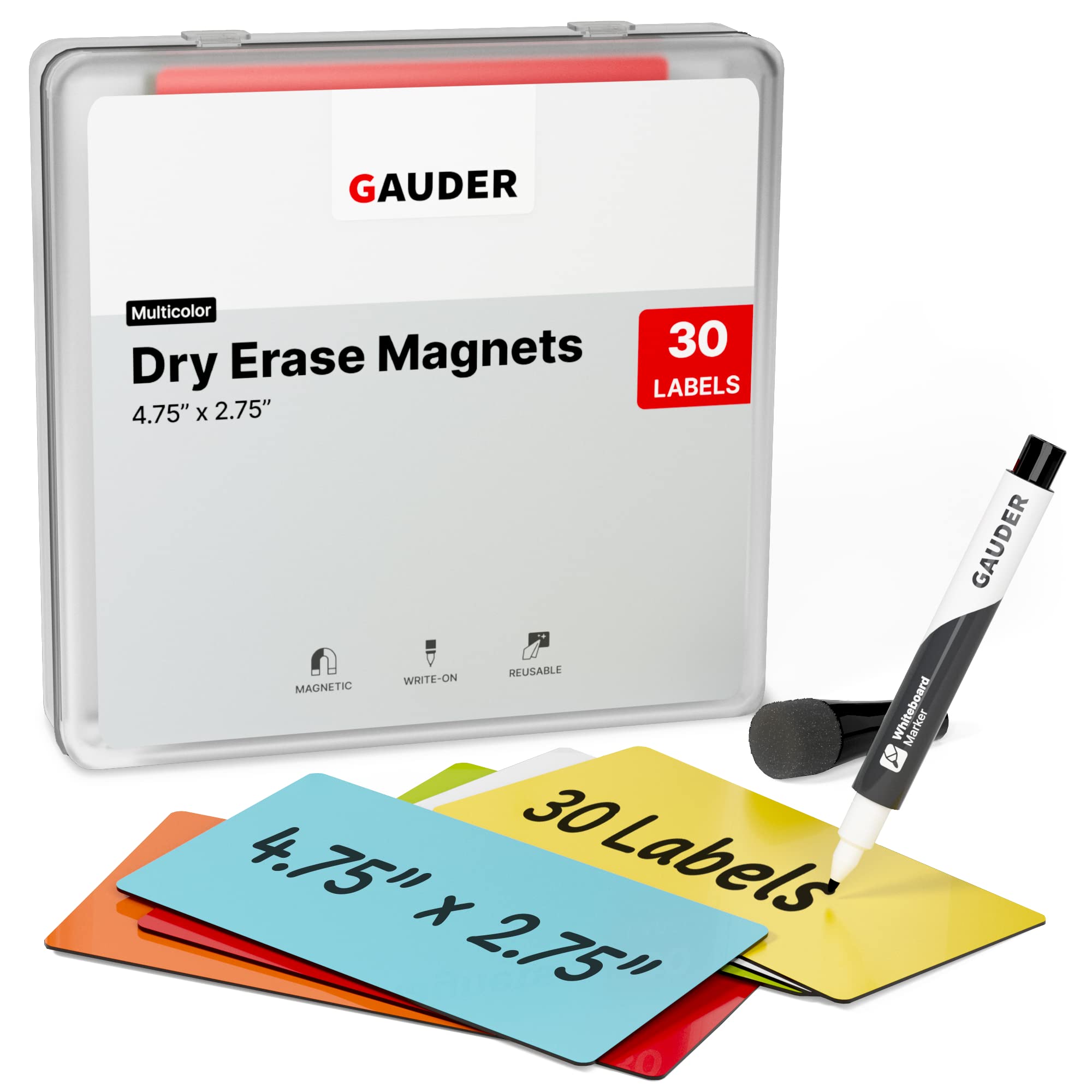 GAUDER Magnetic Dry Erase Labels | 30x Magnetic Labels (4,75 Inches x 2,75 Inches) | 30x Dry Erase Magnets for Classroom, Whiteboard and Blackboard