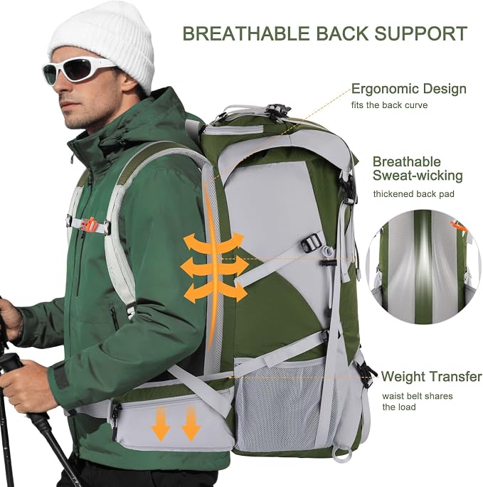 Mochila de senderismo de 50L impermeable con funda de lluvia para hombre y mujer miniatura 4