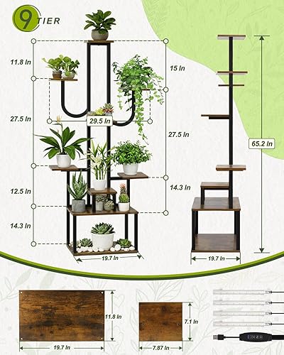 Miniatura 4 de joyhalo Soporte para plantas de interior con luces de crecimiento, 9 estantes de plantas de interior de 65 pulgadas de alto para múltiples plantas,