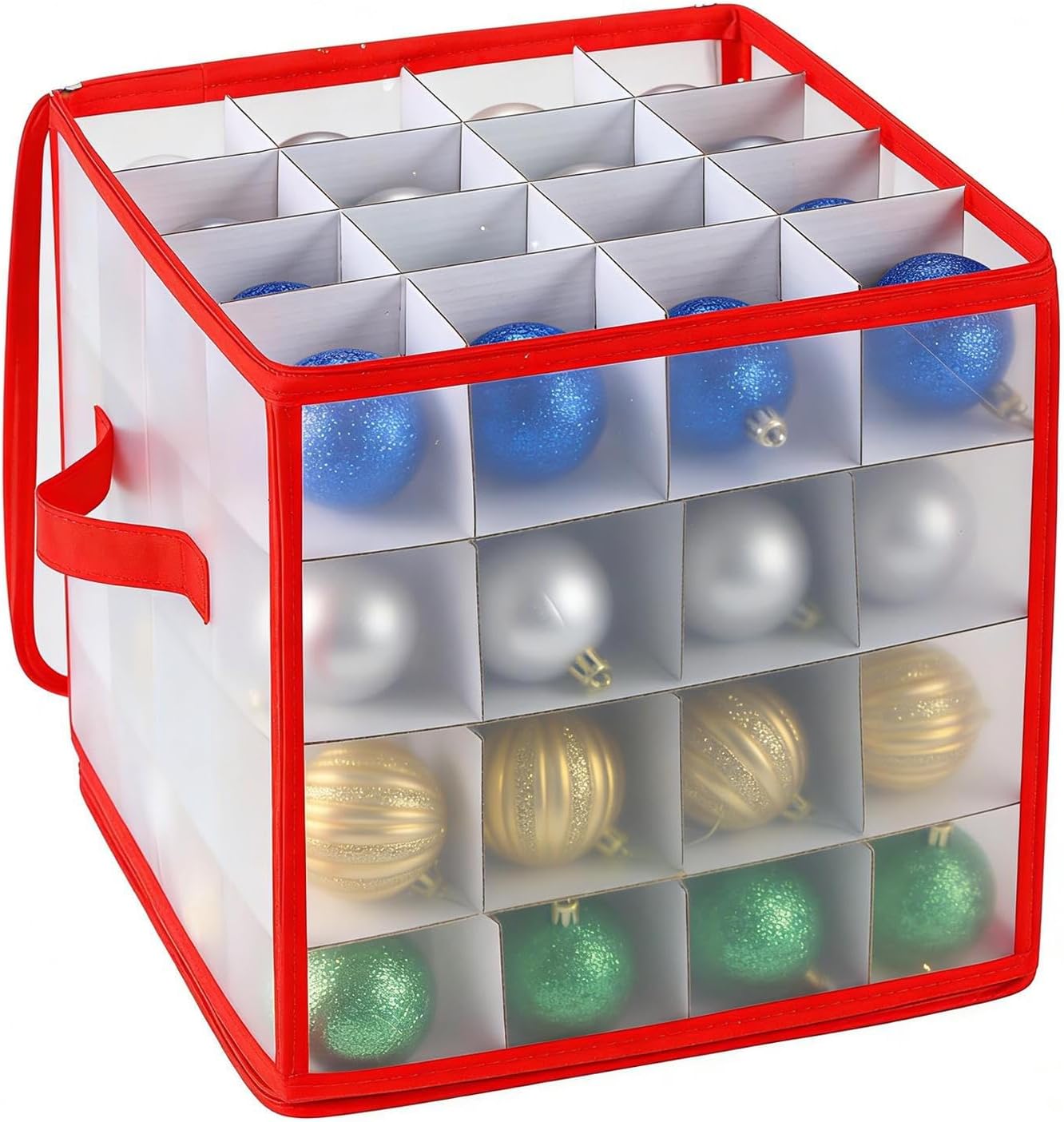 Christmas Ornament Storage Containers - Holds 64 Balls Waterproof Container | Double Zipper Ornament Box with Dividers and Handles - for Holiday Decor Attic Basement