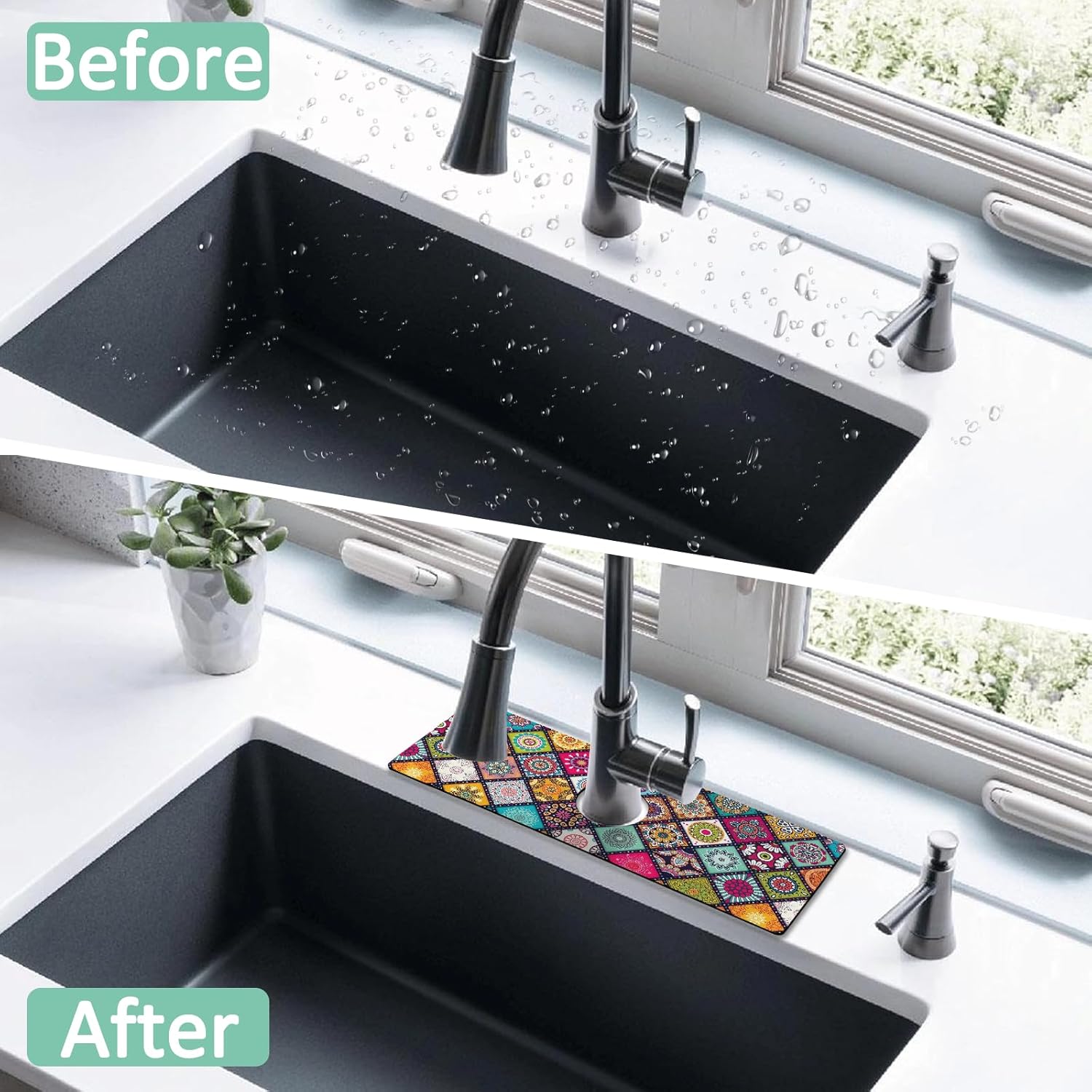 2 Pack Kitchen Sink Splash Guard Faucet Mat 24" X 5.5" Mandala Absorbent Fast Drying Mat Faucet Draining Mat Sink Splash Guard Behind Faucet Drip Catcher for Kitchen Bathroom