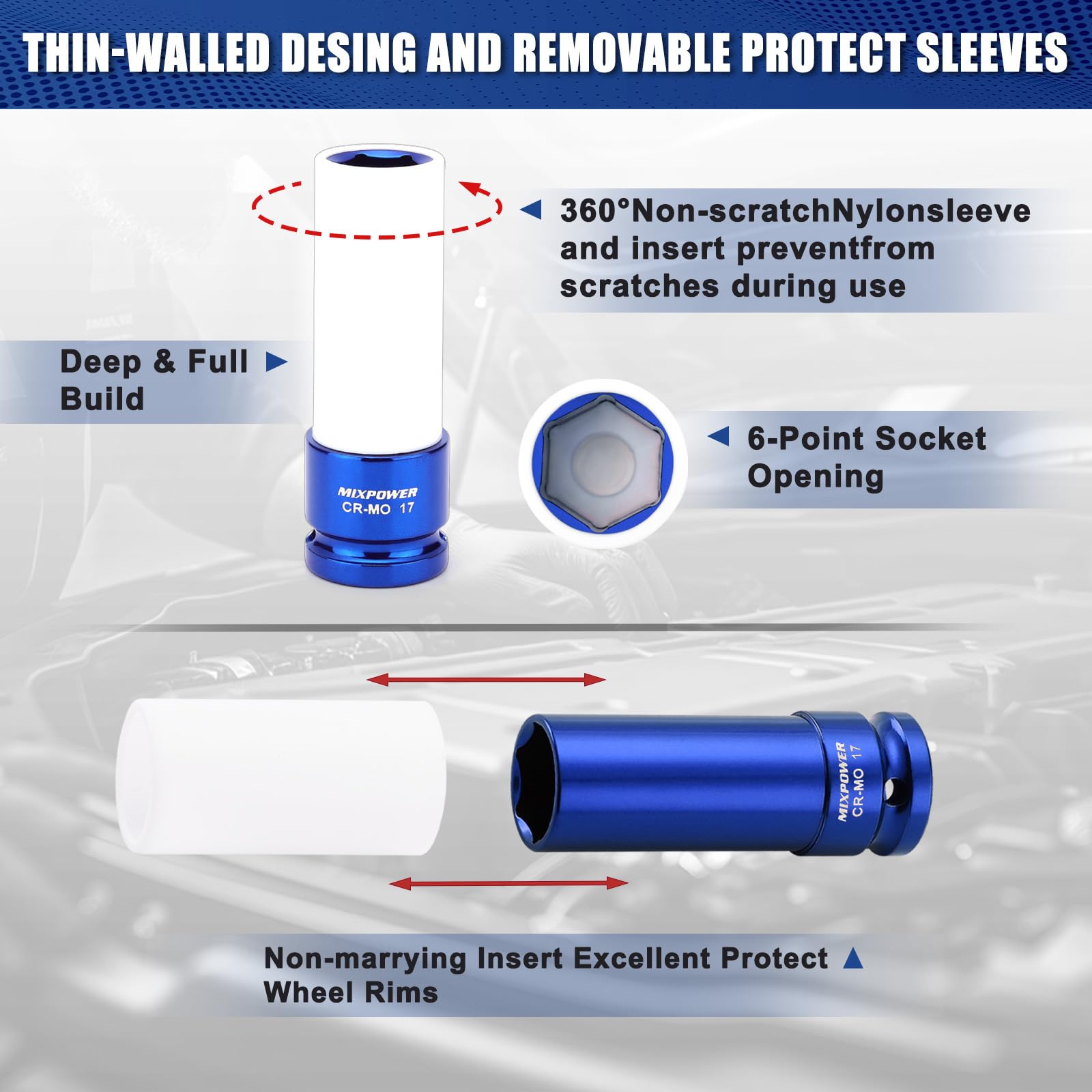MIXPOWER Juego de 4 llaves de vaso de impacto con protector de rueda de transmisión de 1/2 pulgada, juego de 4 llaves de vaso de impacto profundo de pared fina, casquillo de tuerca de plástico