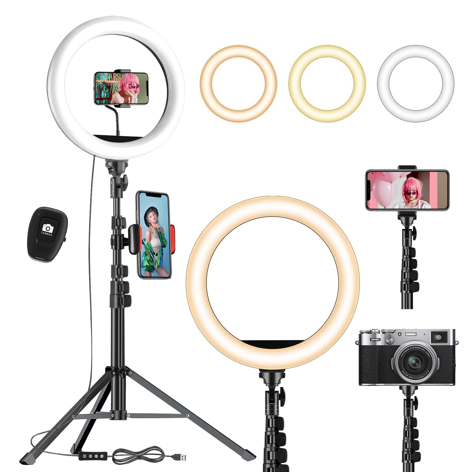 UPhitnis Aro de Luz con Tripode, Ring Light con 3 Modos 10 Brillos Regulables Aro de Luz para Móvil Youtube Maquillaje,Selfie Fotografía,Streaming