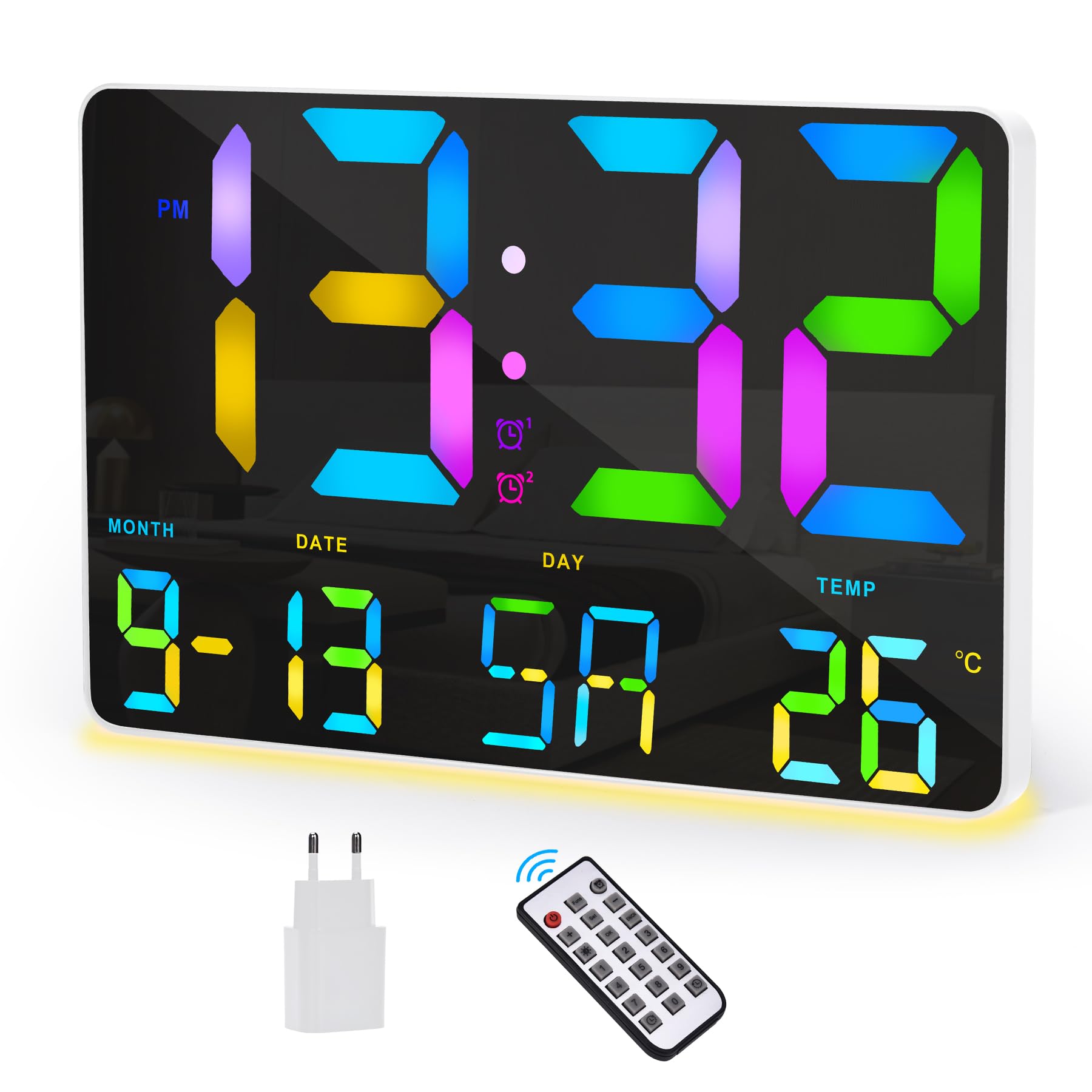 SZELAMDigital Clock Large Display,11.3 "Digital RGB Wall Alarm Clock with Remote Control,LED Oversized Wall Clock with Date,Temperature,Dual Alarm,Night Light Mode,Snooze Alarm for Home Wall Bedroom