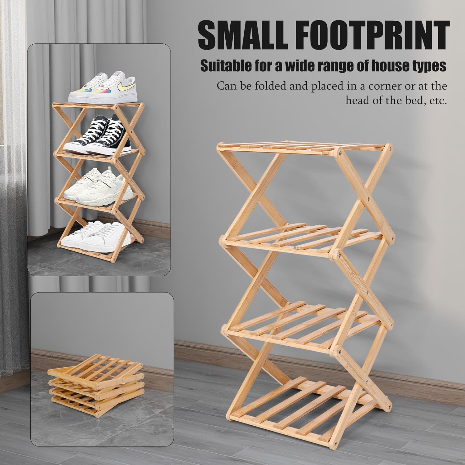 Vertical Shoe Rack Small, 4 Tier Portable Folding Shoe Storage Rack, Without Installation Free Standing Shoe Rack for Corridors, Bedrooms Living Room Corner and Small Spaces (4 Tier)