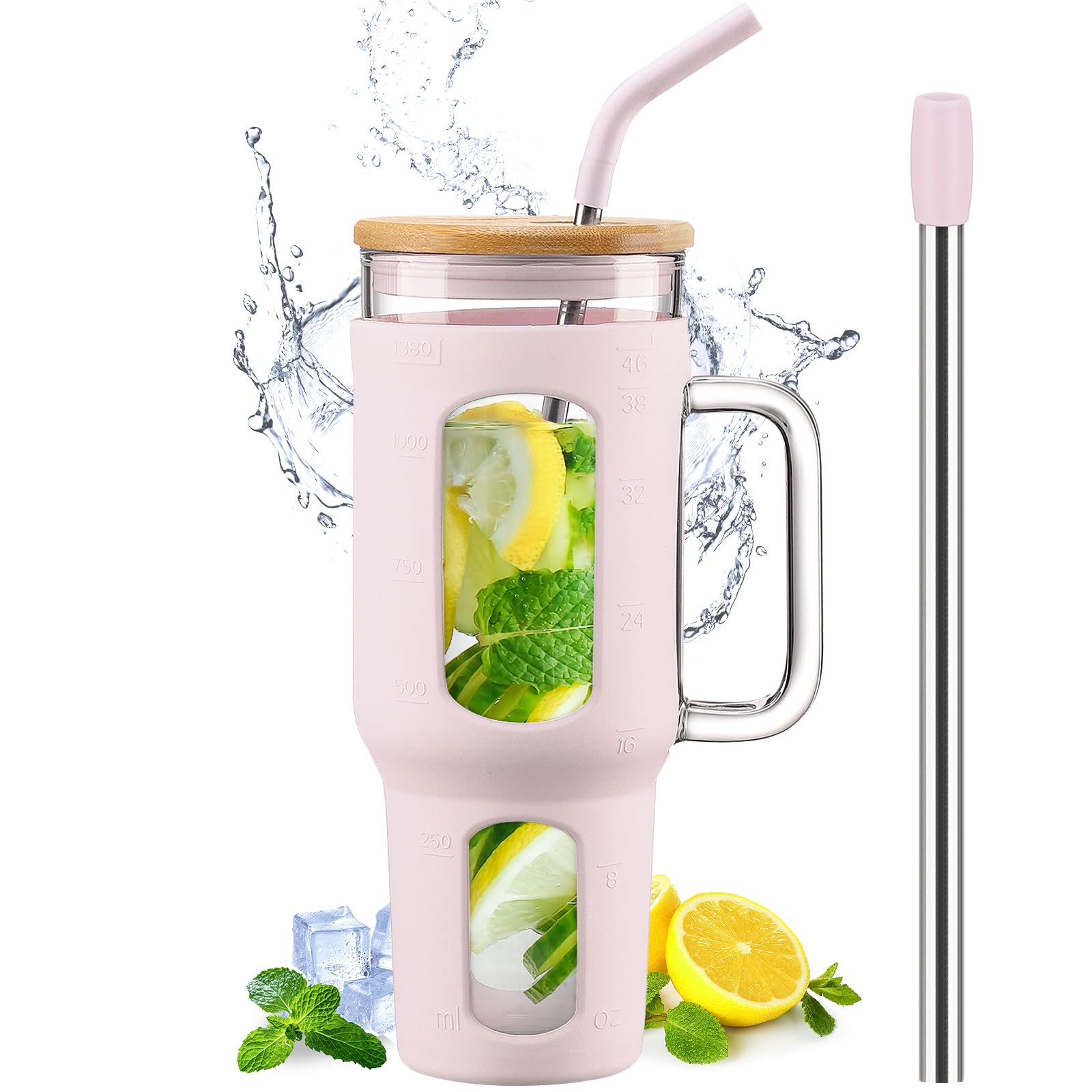 BLUEGO Glass Tumbler with Lid and Straw, 1400ml Iced Coffee Cup with Handle, Glass Water Bottles with Silicone Sleeve