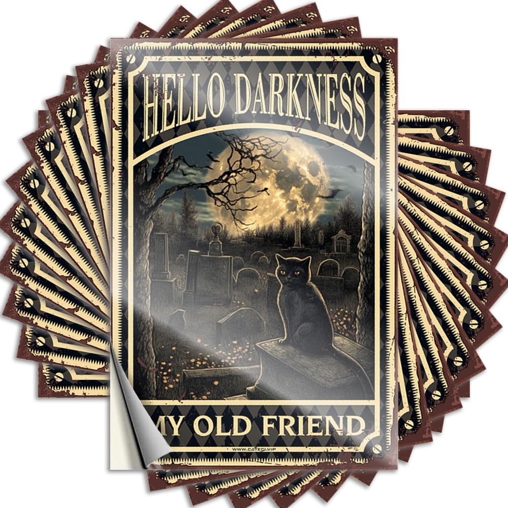 Saying Fall Waterproof Vinyl Sticker | Black Cat Witch Halloween Hello Darkness My Old Friend Affirmation Water for Things DIY Projects(8X12CM)