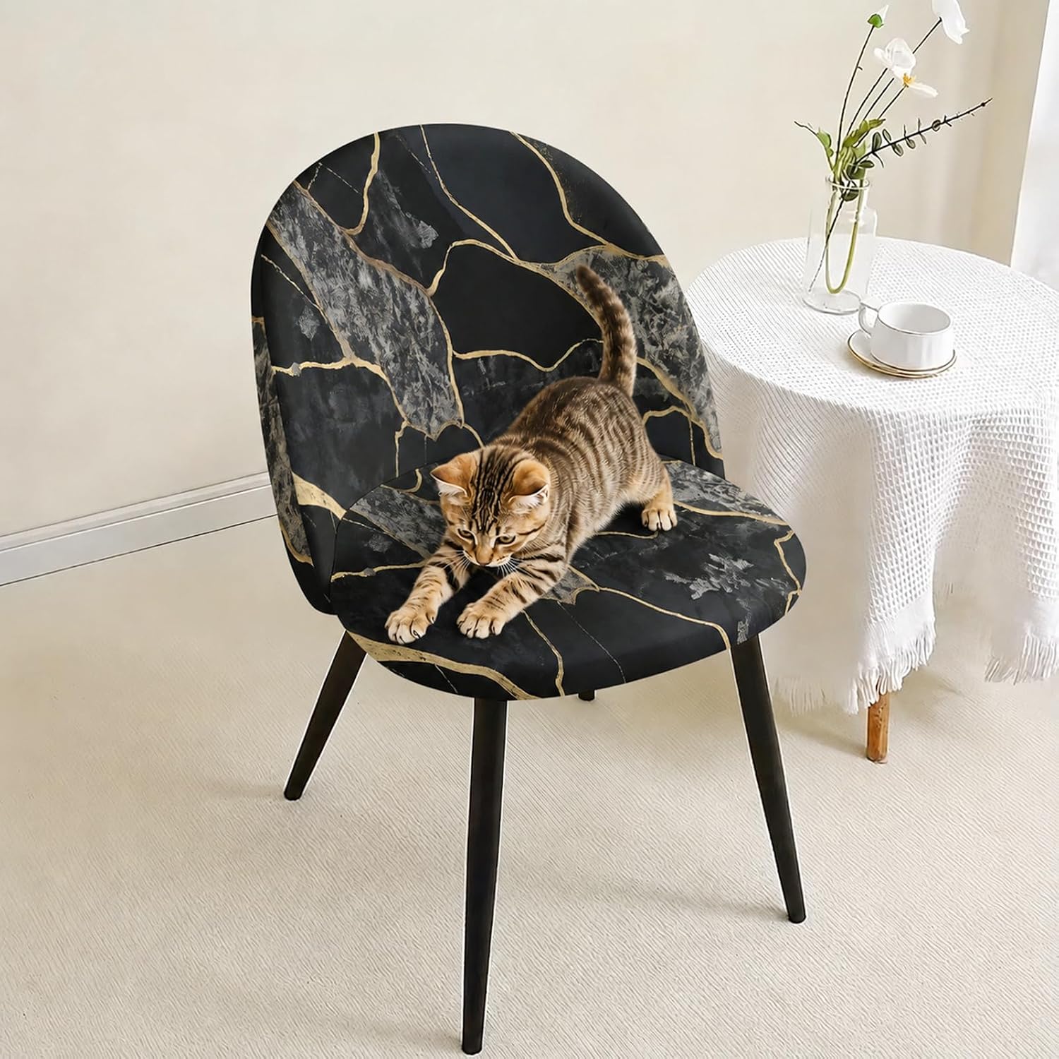 Black Gold Marble Chair SlipCover, Stretch Spandex Shell Upholstered Dining Chair Cover, Removable Washable Protector for Mid-Century Modern Side Chairs, Kitchen & Living Room Decor