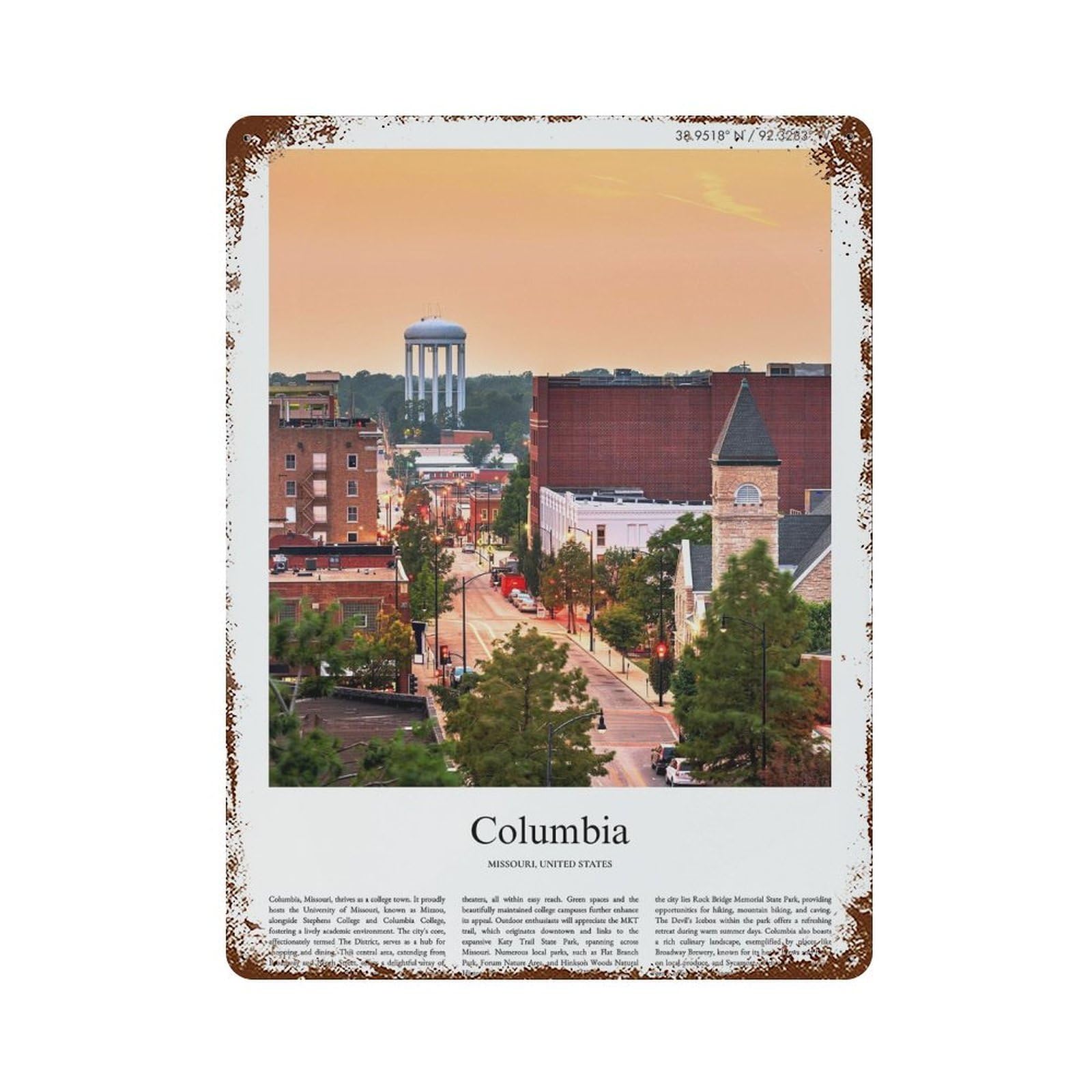 xiaoxiaoshen Columbia Missouri, United States, USA City Scenery Wall Decor Art Metal Tin Poster Modern Home Decor Art Home Bar Shop Decorations Vintage Sign 40x30cm