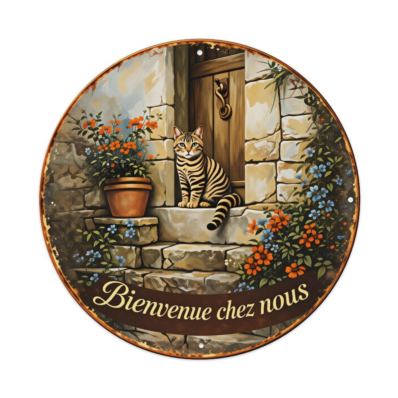Cat Doorstone Flowers Welcome Sign Round Tin Sign Vintage Style Metal Sign Home Bar Garden Wall Plaque Decor Metal Poster 8x8 Inch