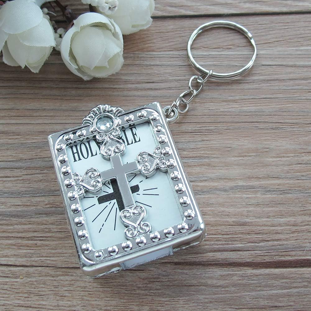 12 PCS First Holy Communion Party Favor Bible Key Ring With Decorated gift Bags Silver