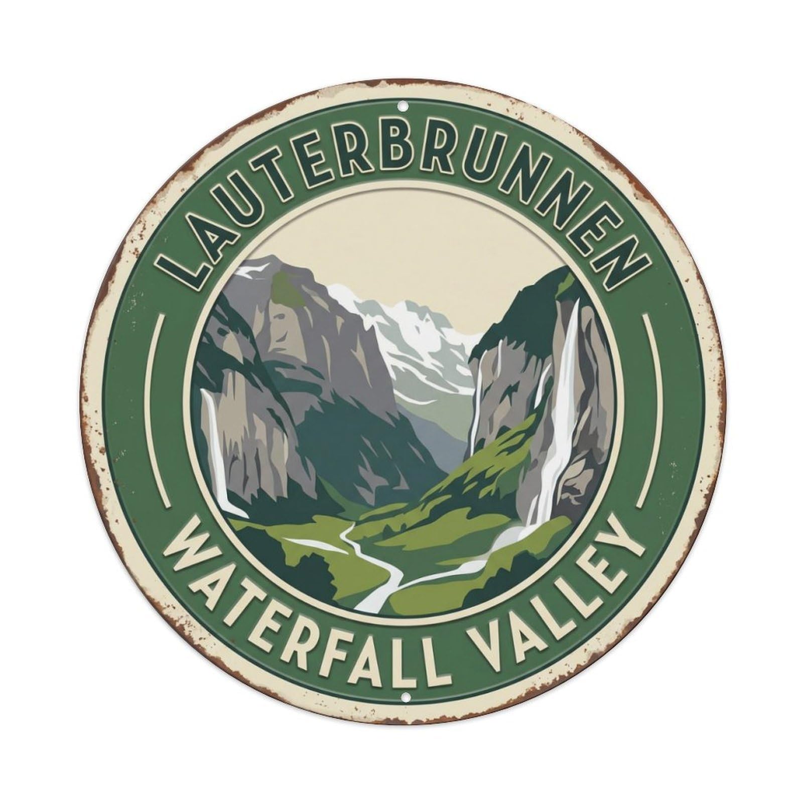 Lauterbrunnen Waterfall Valley Switzerland Cascade Metal Tin Sign Plaque Wall Decor for Cafe, Club Bar, Office, Home Garden Round Metal Poster 8x8Inch