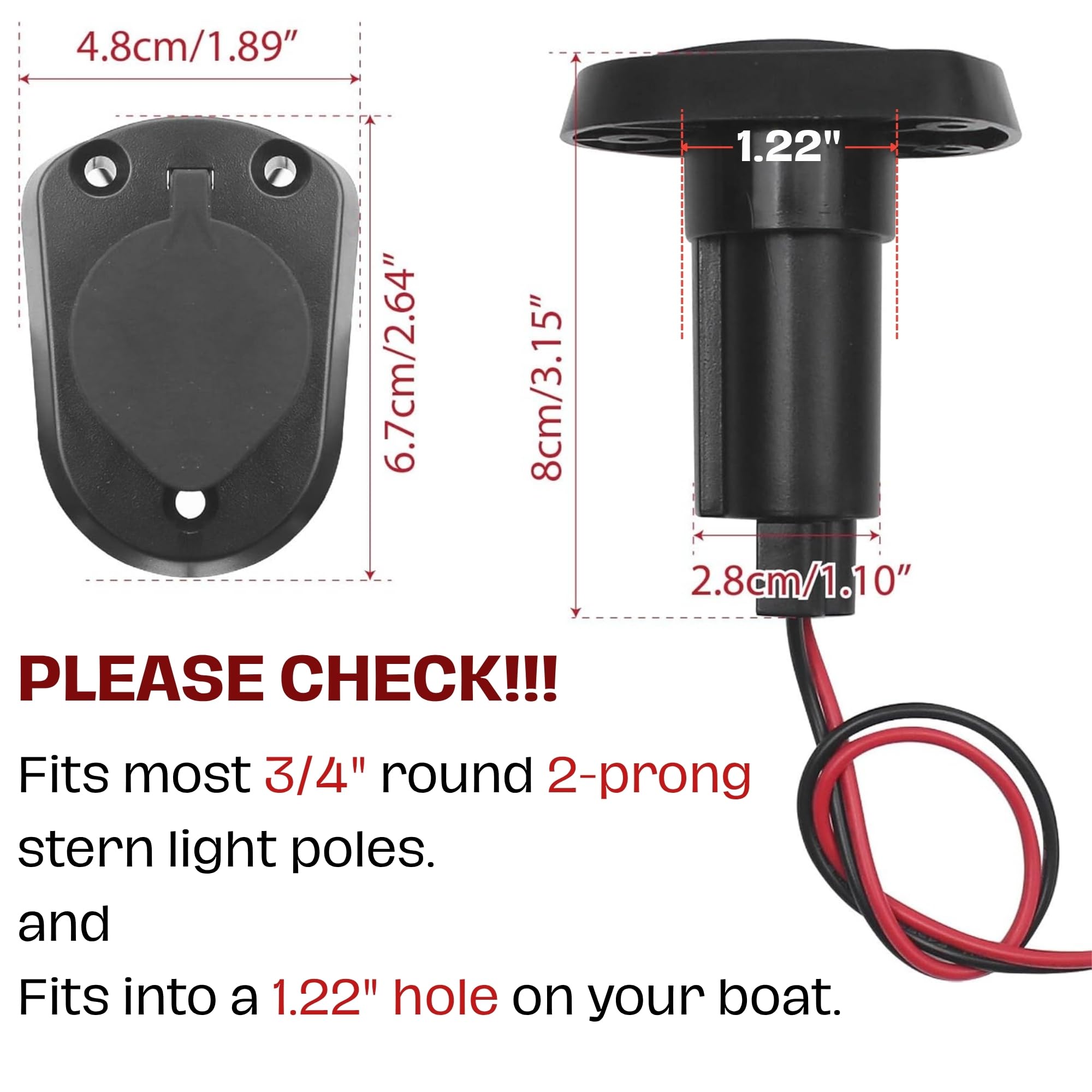 Marine Boat Black Nylon Cap 2-Prong Stern Light Top Socket Plug-In SS Pole Base