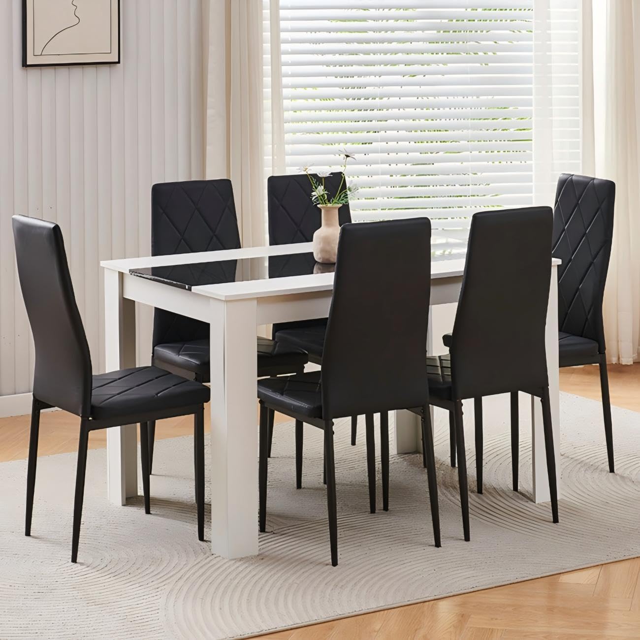 Homullel 120 cm Dining Table and 6 Chairs, 6 Seater Table and Chairs Set, Kitchen Dining Room Set for 6, Compact, Space Saving (Pu Black #2, 120cm, 6 Seats)