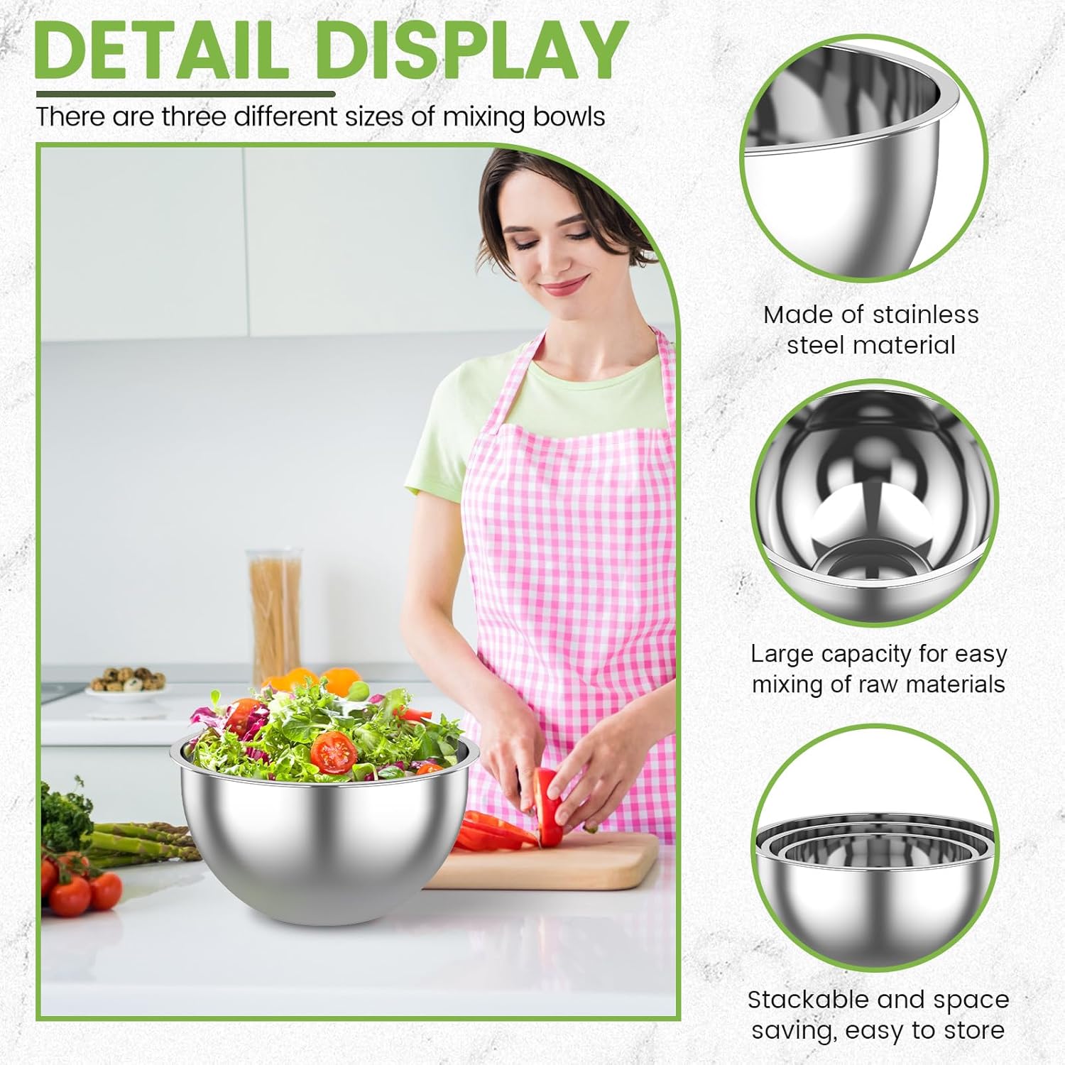 3 Pcs Mixing Bowls, 3.6Qt, 4.5Qt, 5.4Qt Stackable Food Mixing Bowls, Stainless Steel Nesting Bowls, Space Saving Salad Mixing Bowls for Baking Kneading Serving Cooking Storing