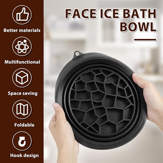 Face Bowl for Ice, Quick Cooling Foldable Silicone Wash Basin with Built-in Ice Tray, Portable Washing Basin for Puffiness Relief,Soothe Skin,Bathroom Accessories (Black)