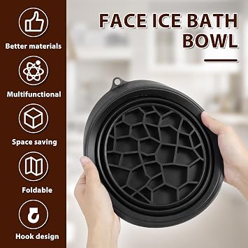Face Bowl for Ice, Quick Cooling Foldable Silicone Wash Basin with Built-in Ice Tray, Portable Washing Basin for Puffiness Relief,Soothe Skin,Bathroom Accessories (Black)