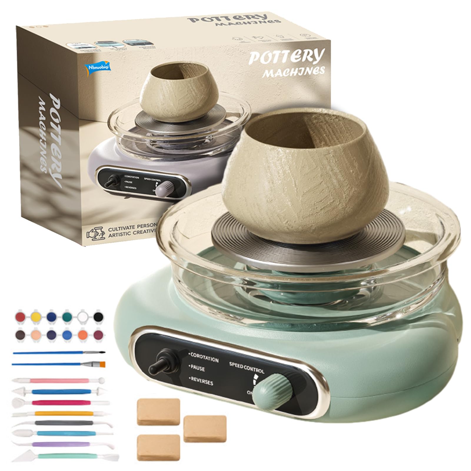 Roue de poterie électrique pour enfants avec pédales et outils de modelage green