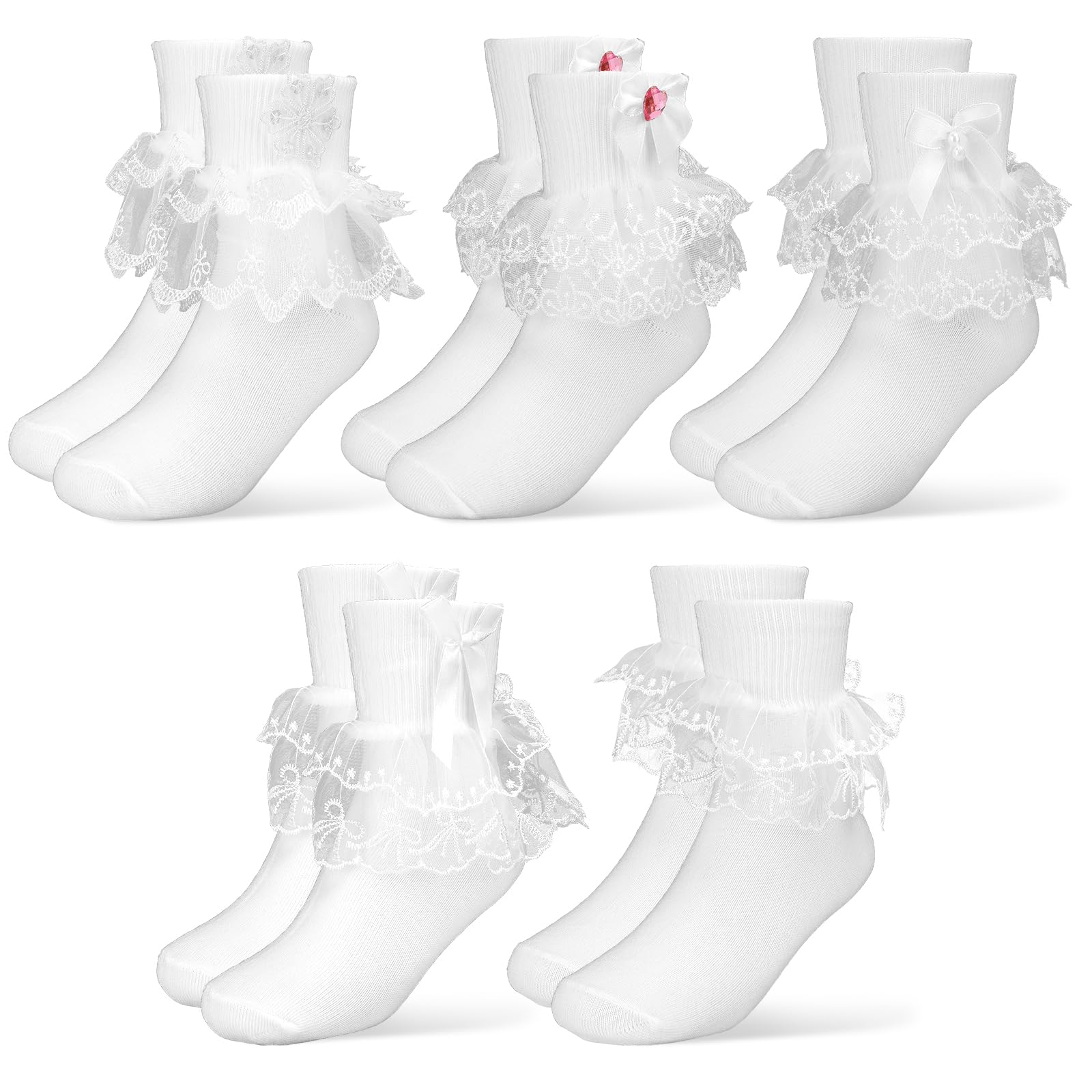 QKURT 5 Pares Calcetines de Encaje para Niñas, Calcetines de Encaje con Volantes Calcetines de Baile para Niños Calcetines Escolares Transpirables Calcetines de Ballet Blancos Calcetines