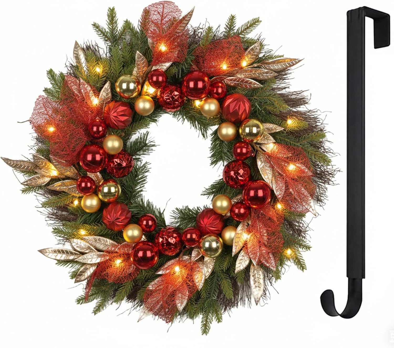 26” Christmas Wreath with Lights Hanger for Front Door Golden Red Balls Gilded Forest Foliage Artificial Evergreen Fir Winter Outdoor Décor Indoor Wall Decorations