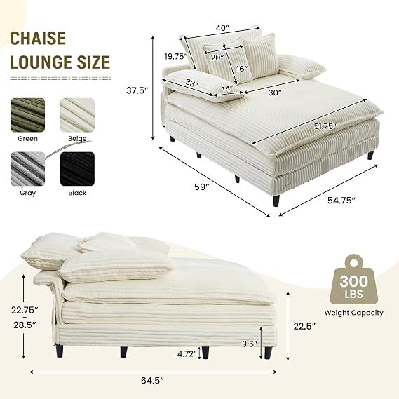 54.75 Oversized Chaise Lounge Chair Indoor, Comfy Corduroy Sleeper Couch with 3 Pillows for Living Room Bedroom, Upholstered Single Sofa Recliner Bed Reading Armchair with Adjustable Backrest