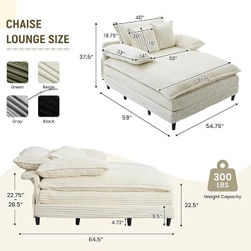 54.75 Oversized Chaise Lounge Chair Indoor, Comfy Corduroy Sleeper Couch with 3 Pillows for Living Room Bedroom, Upholstered Single Sofa Recliner Bed Reading Armchair with Adjustable Backrest