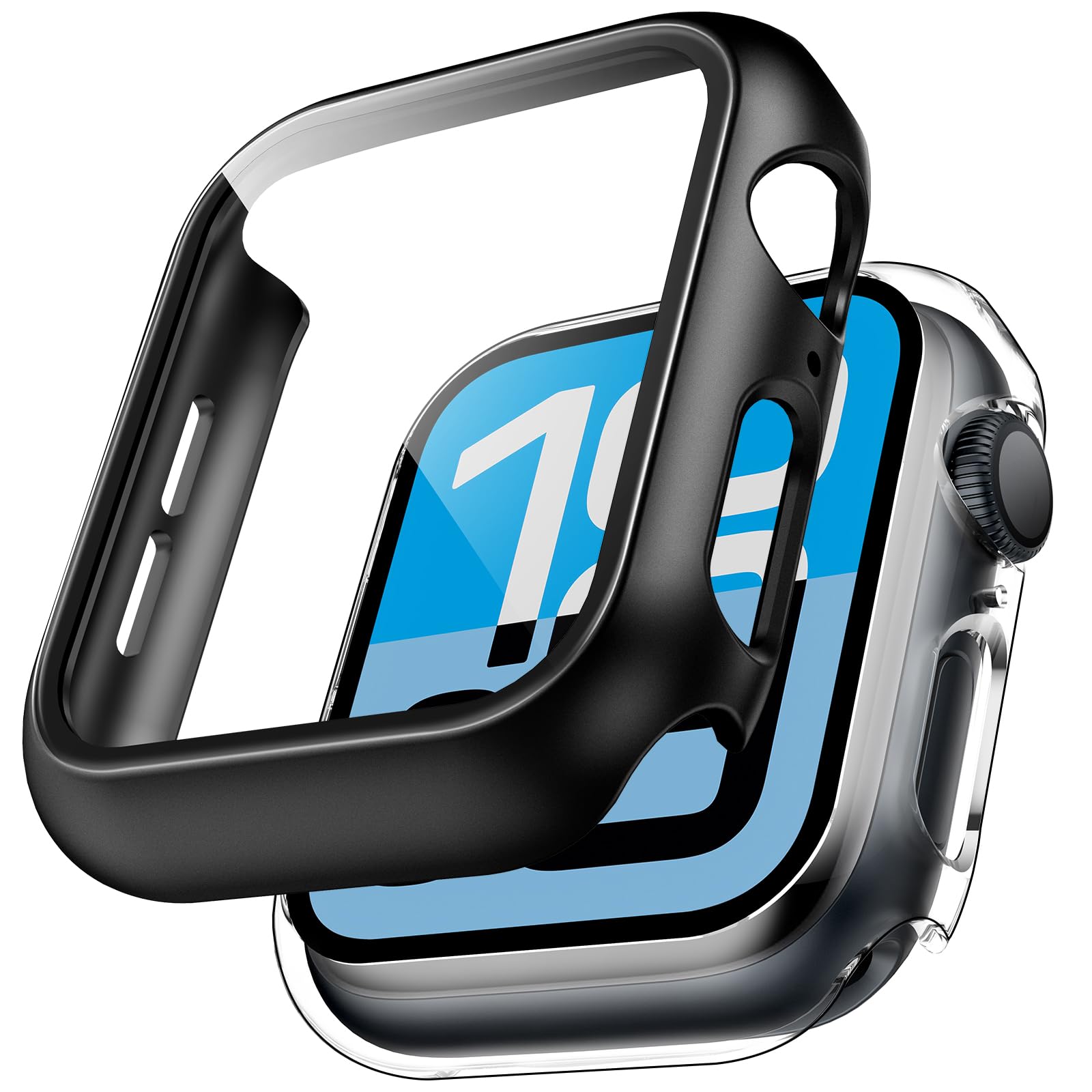 TAURI 2 Pezzi Cover PC Compatibile con Apple Watch SE 3/2/1/ Series 6 5 4 44mm, 9H in Vetro Temperato [Tocco Sensibile][HD Clear] Sottile Rigida Custodia per iWatch 44mm - Trasparente+Nero