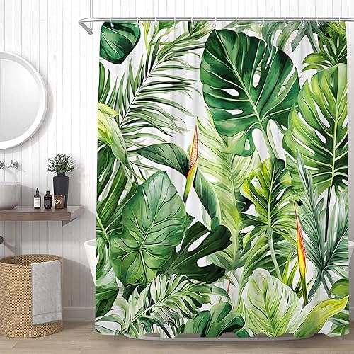 Cortina de ducha con hojas verdes tropicales, hojas de palmera, monstera, plátano, selva, acuarela, juego de cortinas decorativas con ganchos, 70