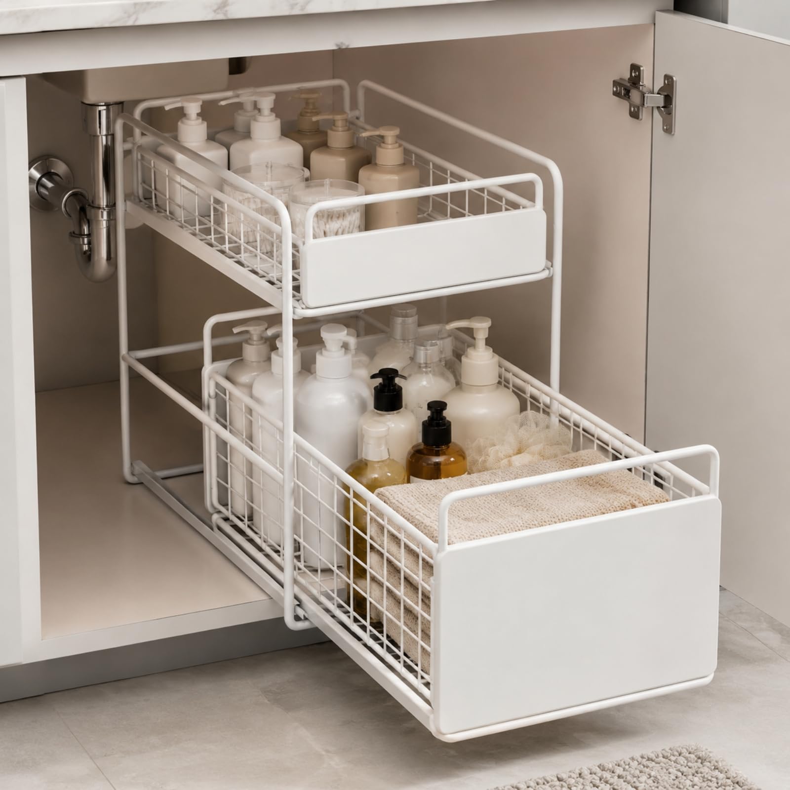 Étagère Coulissante à ux Niveaux en Fer pour Rangement Sous Évier Paniers Extractibles Parois Protection Adaptée à la Salle Bains à la Cuisine, Noir