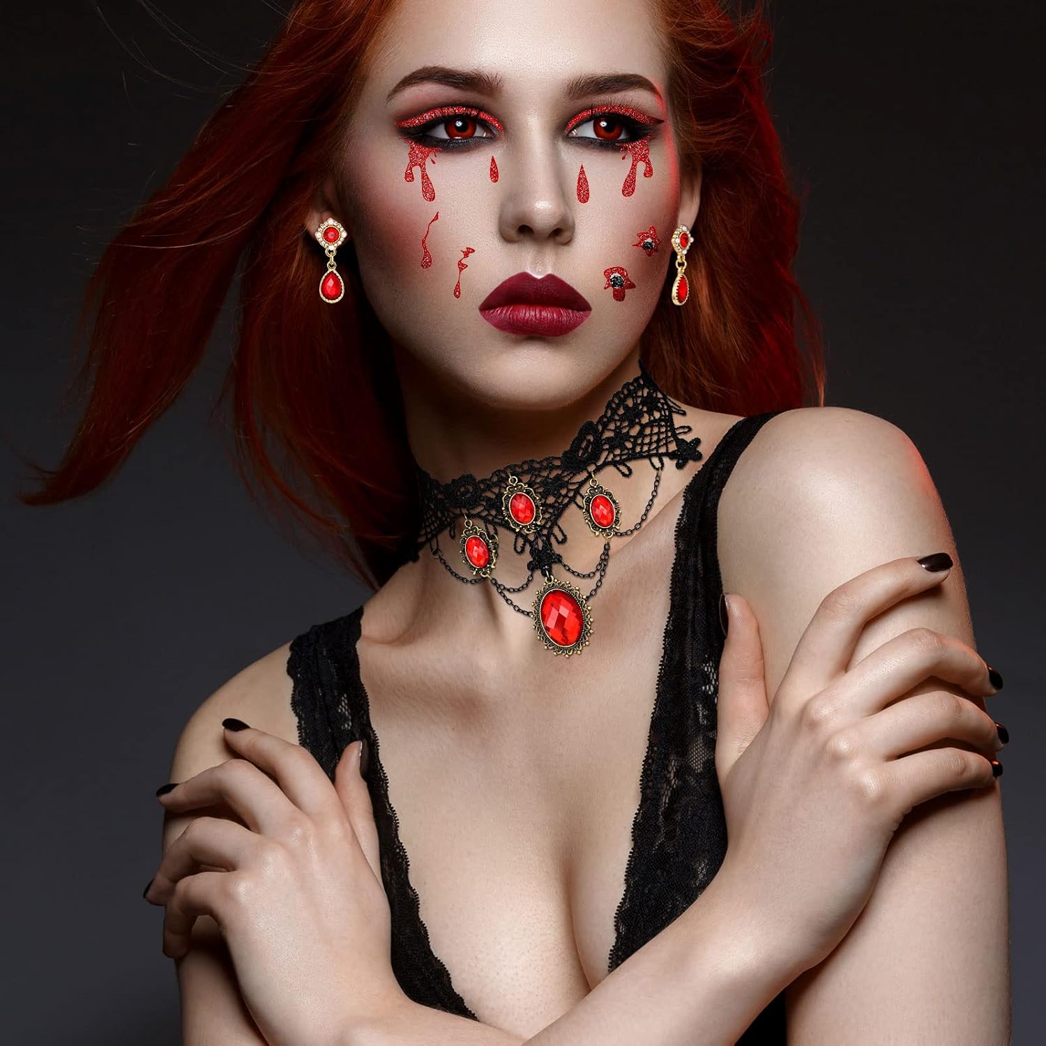 WILLBOND 6 Pcs Halloween Vampire Costume Accessories Set, Gothic Vampire Jewelry Set Black Lace Choker with Red Rhinestone Earrings, Bloody Face Stickers, 2 Pairs of Fangs and Glue - Image 6