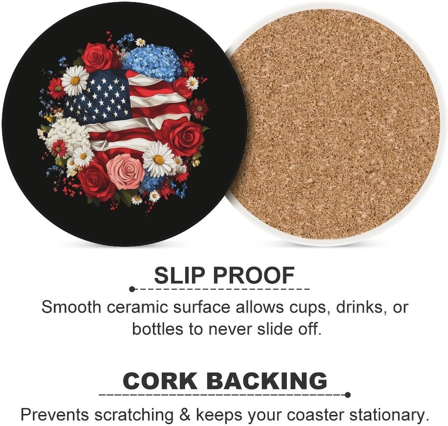 U.S. Flag Flower Round Ceramic Coasters Print Drinks Absorbent with Cork Base for Home Decor Gifts 4 Inch