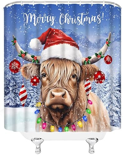 Miniatura 7 de Cortina de ducha de Navidad, árboles de Navidad, bolas rosadas, regalos de Navidad, tela para chimenea, juego de cortinas de baño con gancho (70