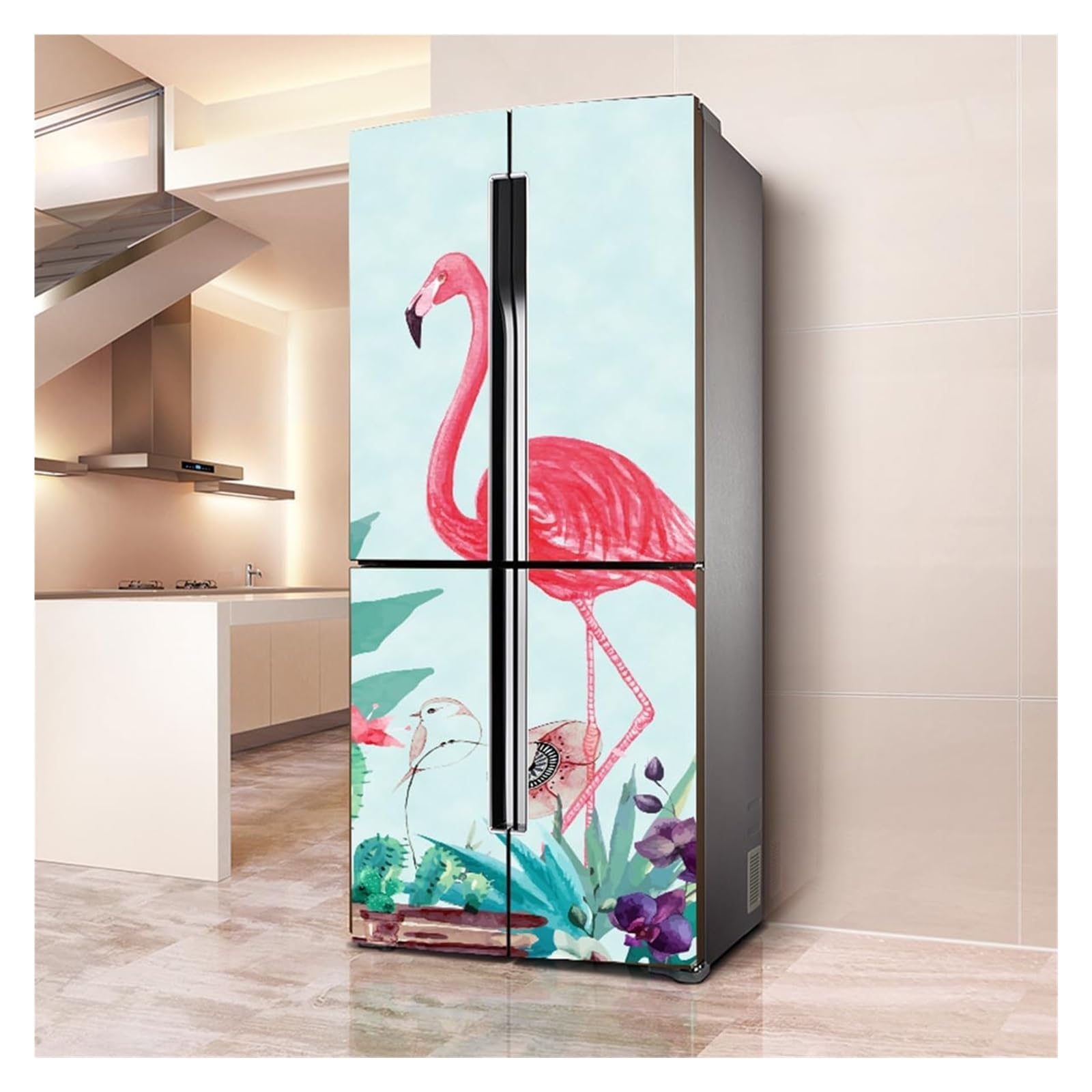 Self-Adhesive Fridge Stickers, Freezer Skins Wall Stickers for Kitchen Decal, Flamingo Cactus Bird(L: 100x180 cm)