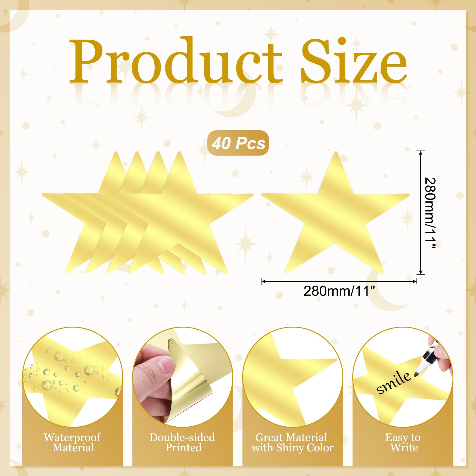 PATIKIL Large Star Cutouts, 40 Pcs 11" Double Printed Paper Star Decoration Star Cardboard Cutout Five Stars Cutout for Wedding Movie Night Party Decoration DIY Classroom, Gold Tone - Image 2