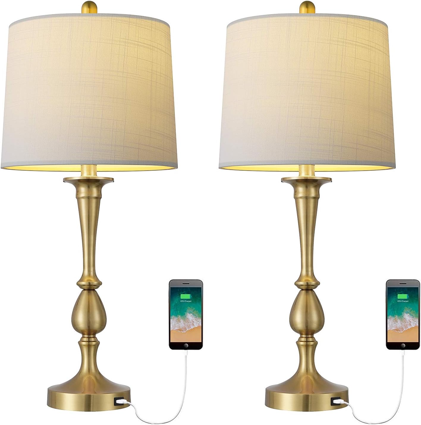 Oneach USB Table Lamp Set of 2 for Bedroom 25" Modern Bedside Desk Lamp with USB Port for Living Room Coffee Table Antique Brass