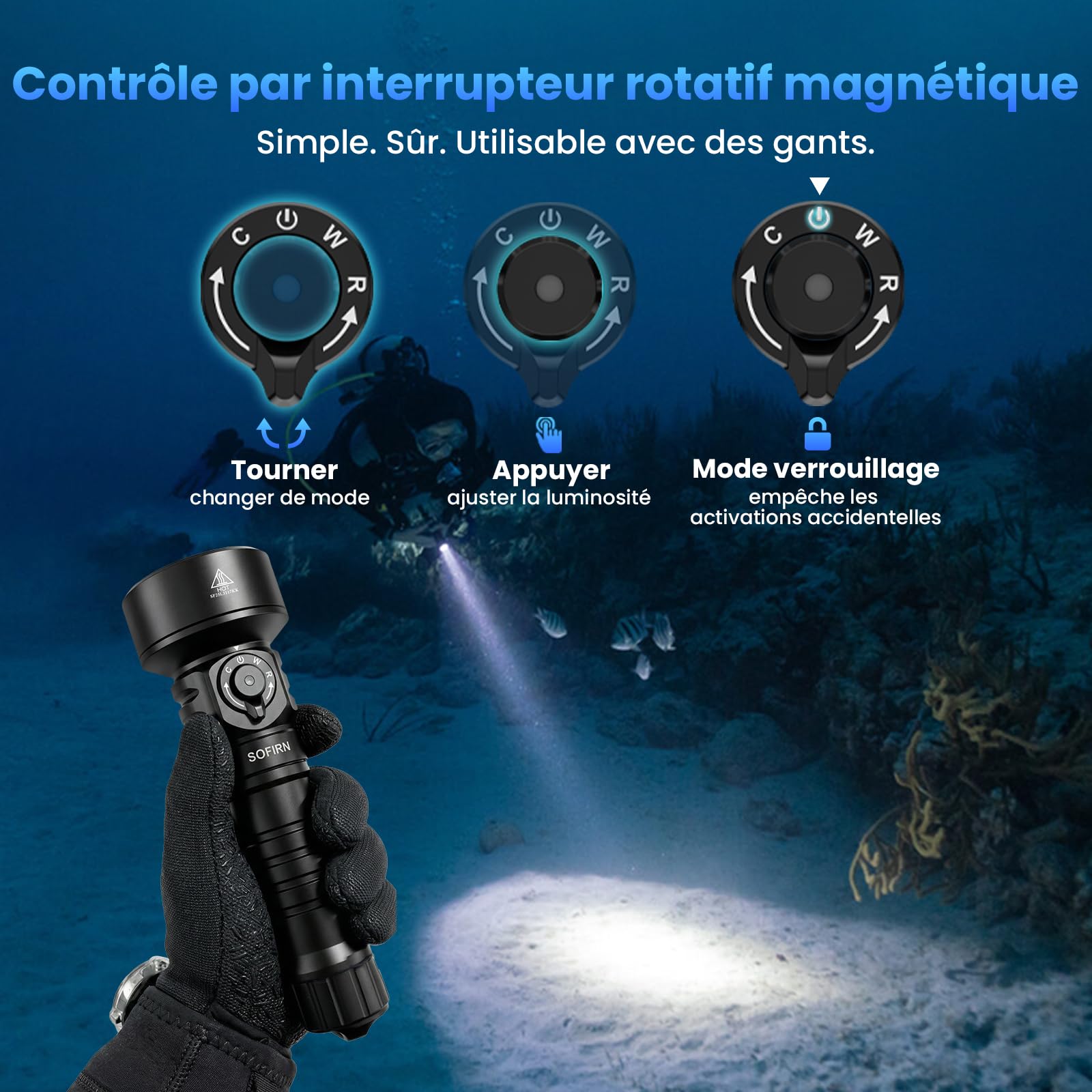 Sofirn SD11 Lampe de Plongée, 5000LM, CRI 90, Lampe de Poche Rechargeable avec Lumière Rouge 660NM, 3000K-6500K, USB-C, IPX8, avec Filetage de 1/4" et Laisse de Sécurité, pour Photographie Sous-Marine