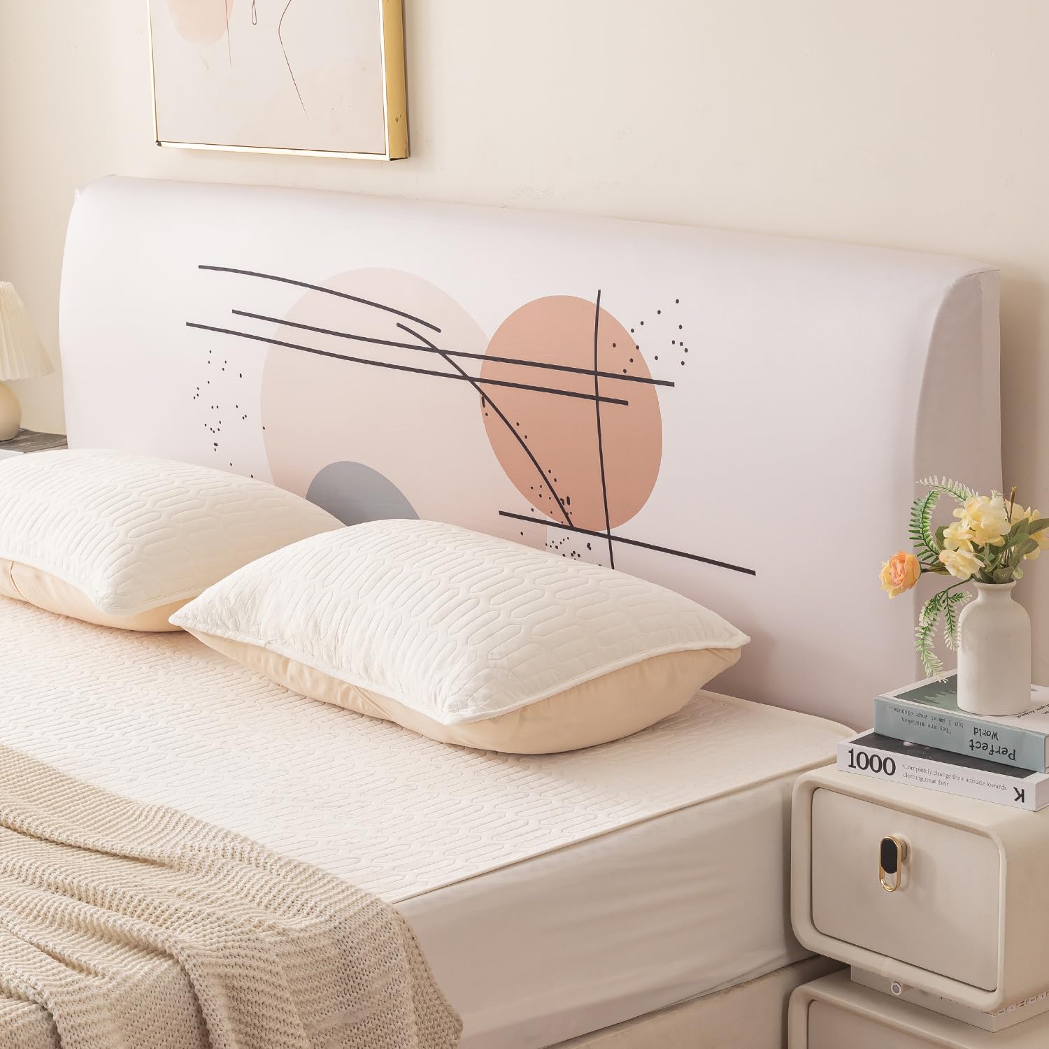 HOKIPO Stretchable Bed Headboard Cover for Double Bed (172x65 cm) | Soft & Wrinkle-Resistant Back Protector | Fits Headboard of 5ft to 6.5ft Beds, Geometric Harmony (AR-6707-D3)-picture-13