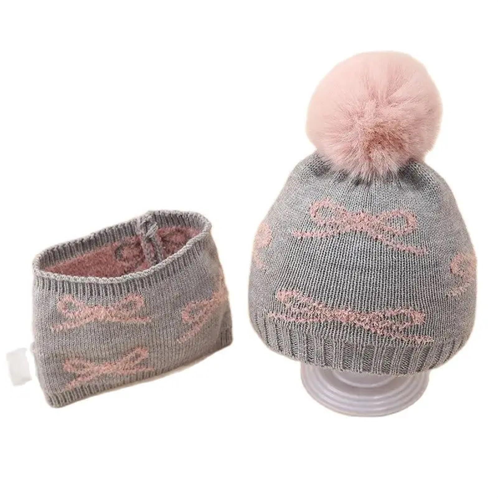 Lindo Conjunto de Gorro y Bufanda de Invierno for bebé - Gorro con pompón de Lana de Felpa Jacquard for recién Nacidos (0-12 Meses)(Gray)