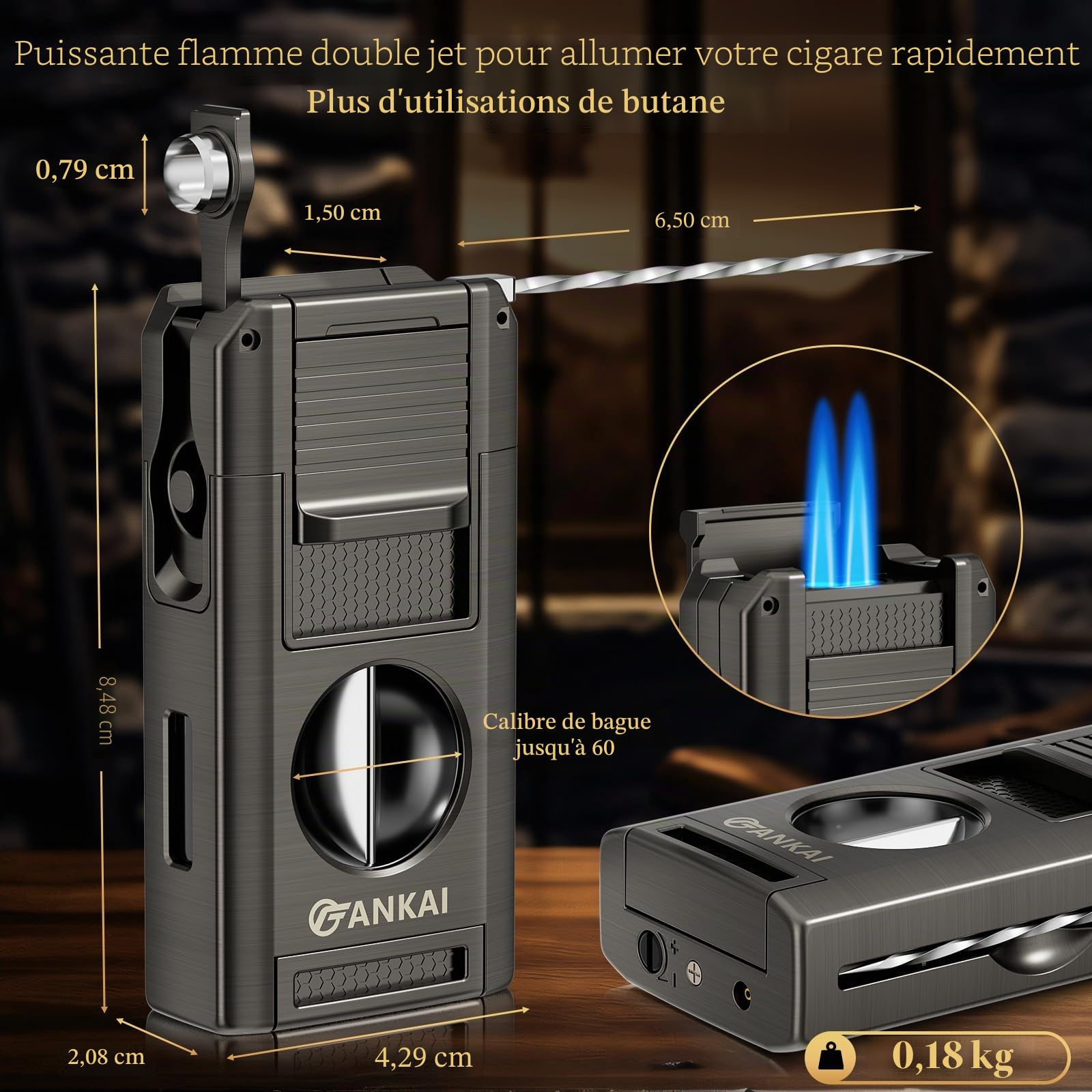 Allume-cigare, briquet à cigarettes 5 en 1 avec emporte-pièce en V, poinçon à cigarettes, support à cigares, jeu de poker à cigarettes, briquet au butane, flamme double jet, cadeau de