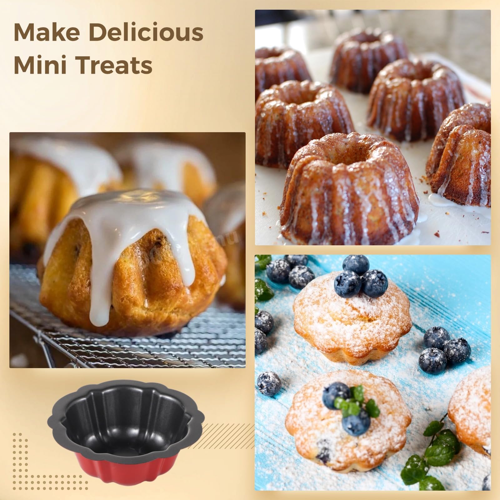 16 Stk. Mini-Kuchenformen aus Carbonstahl, 4,5 Zoll Antihaft, Blütenform Backform für Cupcake, Brownie, Bavarois, Pudding