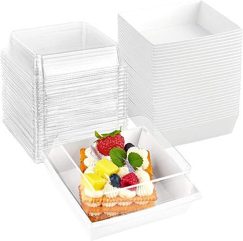 Kucoele Paquete de 50 cajas pequeñas de charcutería con tapas transparentes, cajas de postre de papel para llevar, cajas de panadería, recipientes