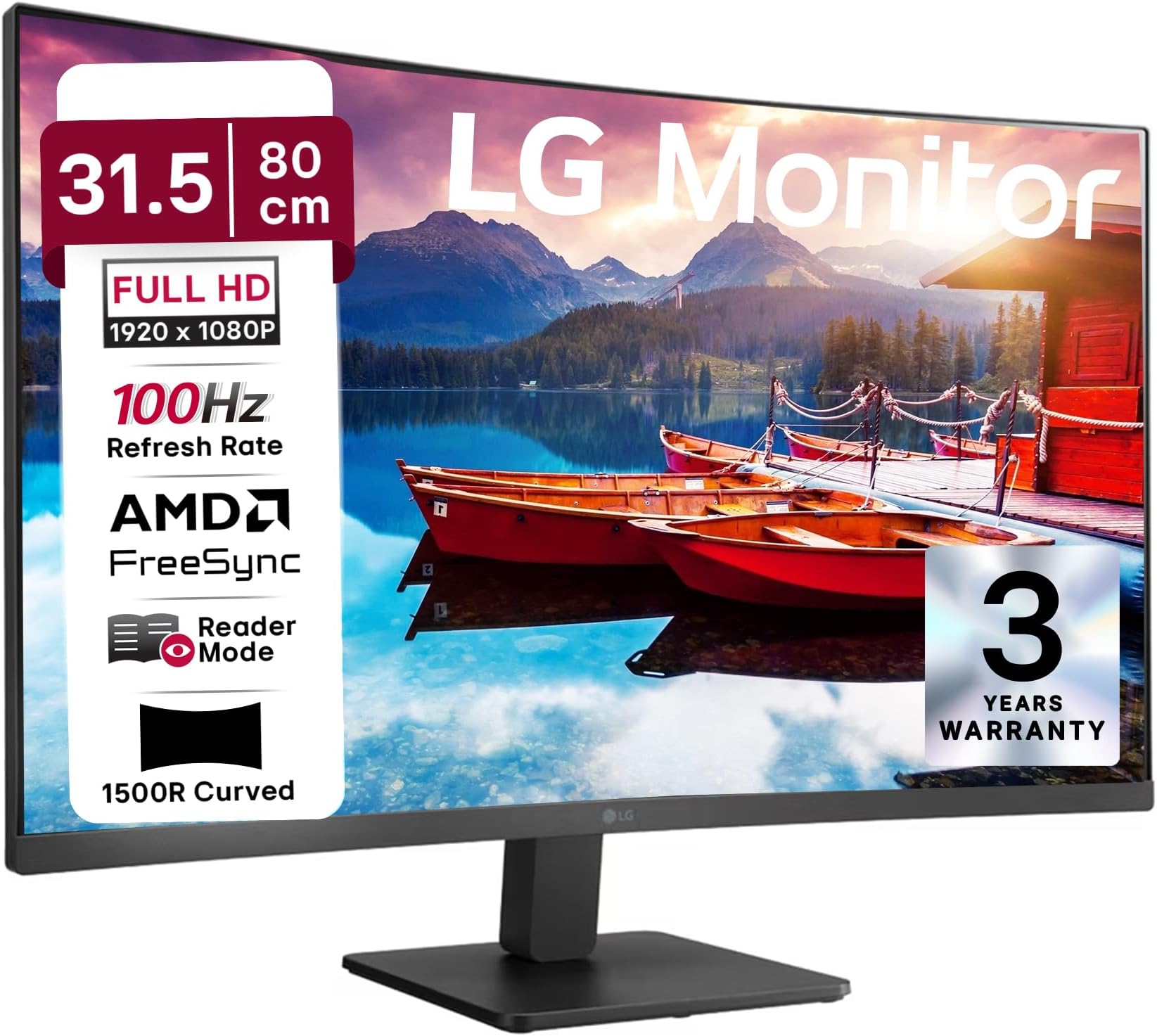 LG 32MR50C 80 cm (31.5 Inch) Full HD Curved (1920x1080) VA PC Monitor w/ 100Hz, 5ms (GtG), AMD FreeSync, D-Sub, 2xHDMI, Tilt Adjustable Anti-Glare, 3-Side Virtually Borderless Design, NTSC 72% (Black)