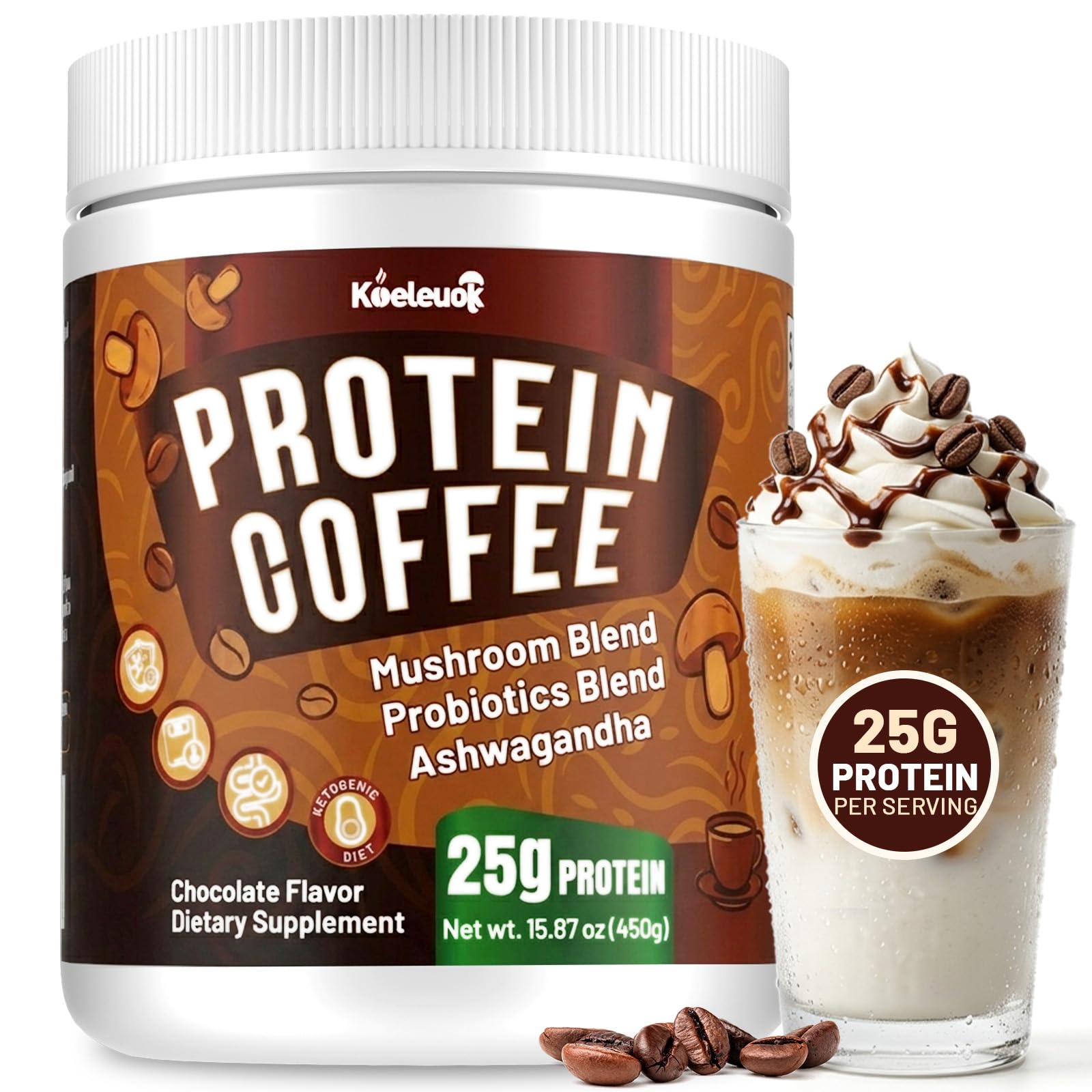 Koeleuok Café proteico em pó com colágeno e proteína vegetal, 25 g por porção, sabor Cold Brew Mocha, 450 g