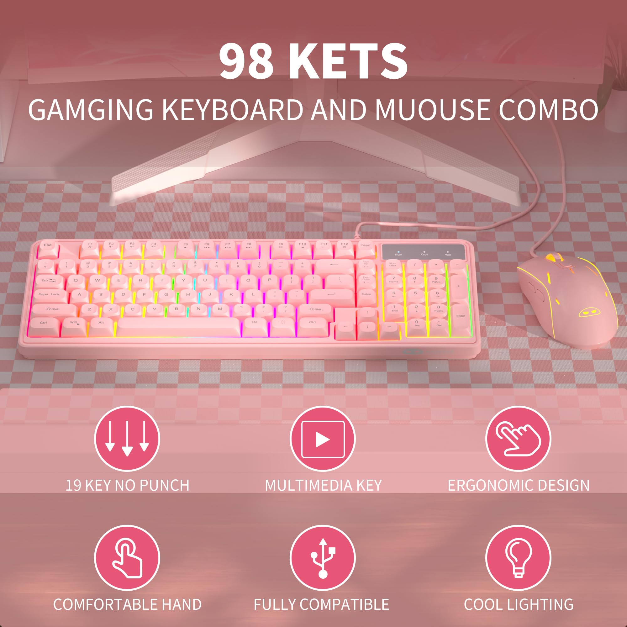 MageGee GK980 - Tastiera e mouse combinati, con retroilluminazione RGB cablata e mouse da gioco rosa, tastiera per PC e mouse con sensibilità regolabile per PC/loptop/MAC
