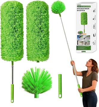 Cobweb Duster with Extension Pole, Washable Cleaning Duster Kit with 3 Duster Heads, Cobweb Duster, Corner Brush, Aluminum Telescoping Pole for high Ceiling Fan,Spider Web Brush with Extension Pole
